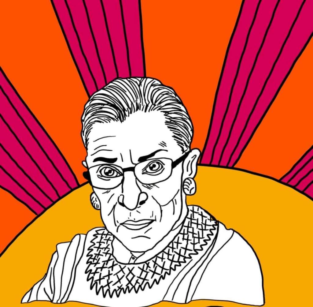 Graphic art featuring a black and white sketch of RBG surrounded by strong vibrant colors raying out. Perhaps signifying her strong, positive impact on the world.